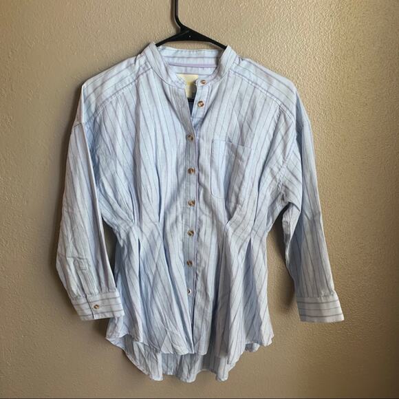 Anthropologie Maeve Blue Pinstriped Pleated Waist Button Down Shirt Size 0 - Picture 2 of 7